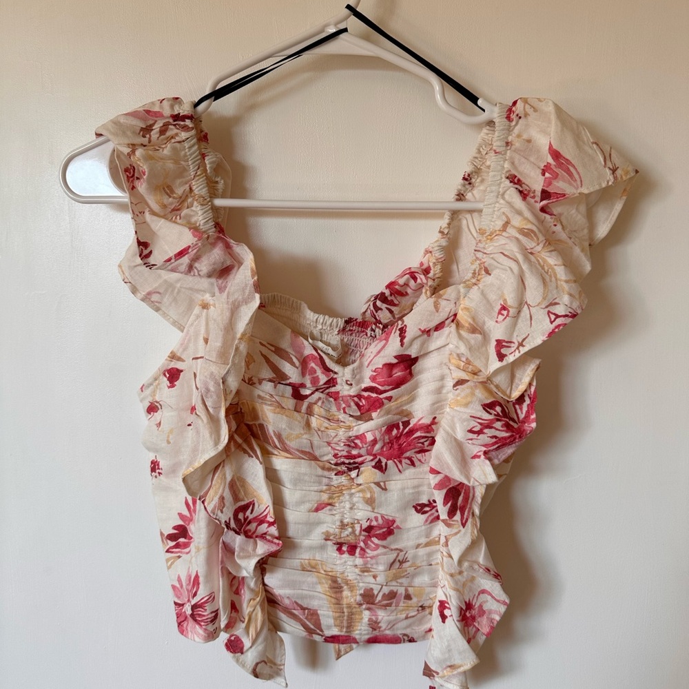 H&M Cream and Pink Ruffled Smocked Blouse Sleeveless